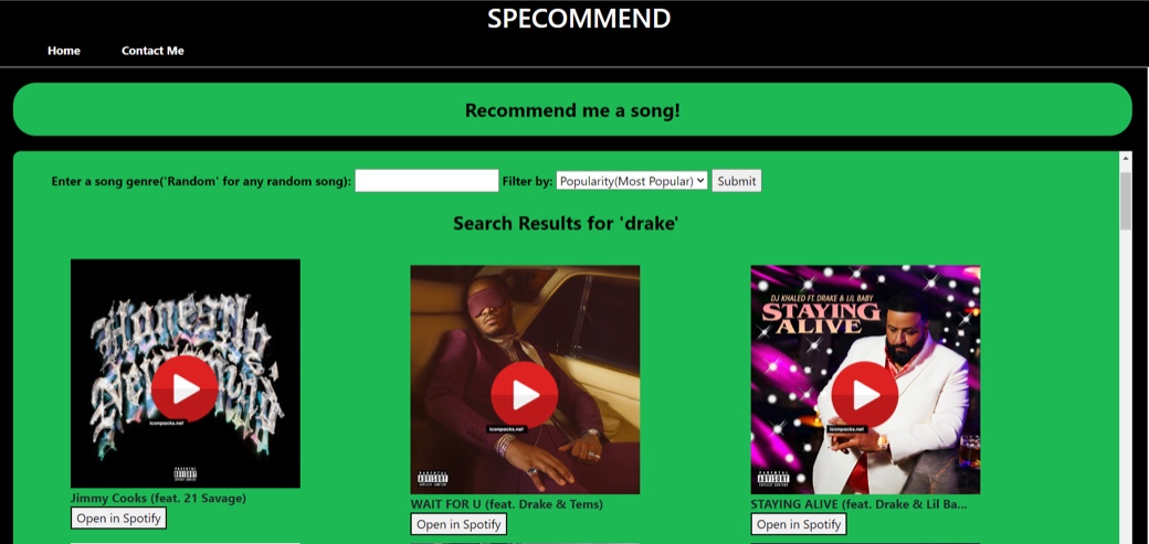 Song Recommender showing Spotify-based song suggestions